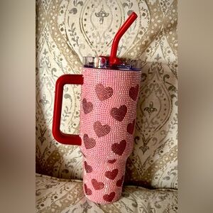 Simply Southern Pink Rhinestone Heart Tumbler with Red hearts and Straw